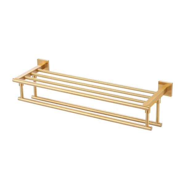 24 in. Bathroom Wall Mounted Towel Rack with Storage Shelf and Double Towel Bars Stainless Steel in Gold