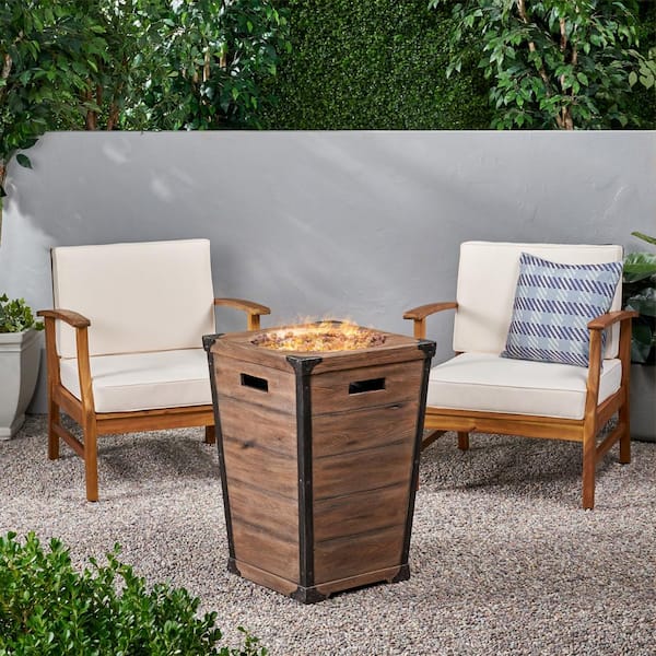 Noble House Perla Teak Brown 3-Piece Wood Patio Fire Pit Set with Cream Cushions
