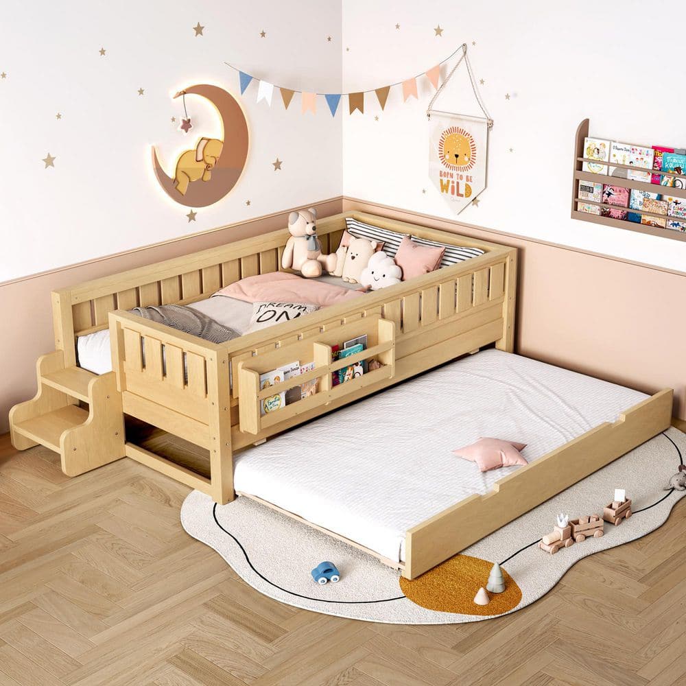 Caolan Brown Wood Frame Twin Size Platform Bed with Small Staircase and Trundle price history on PriceWatchPro