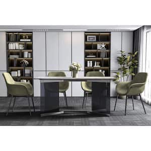 Oryn 71 in. Rectangular Dining Table with Sintered Stone Top Stainless Steel Double Pedestal Base, White Grey, Seats 8