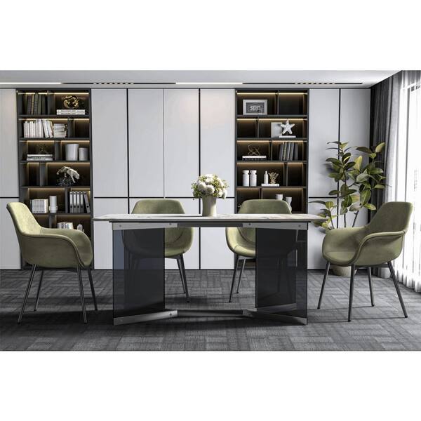 Leisuremod Oryn 71 in. Rectangular Dining Table with Sintered Stone Top Stainless Steel Double Pedestal Base, White Grey, Seats 8