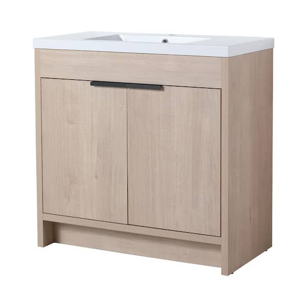 Unbranded 35.7 in. W x 18.1 in. D x 34.1 in. H Freestanding Bath Vanity in Plain Light Oak with White Resin Sink Top