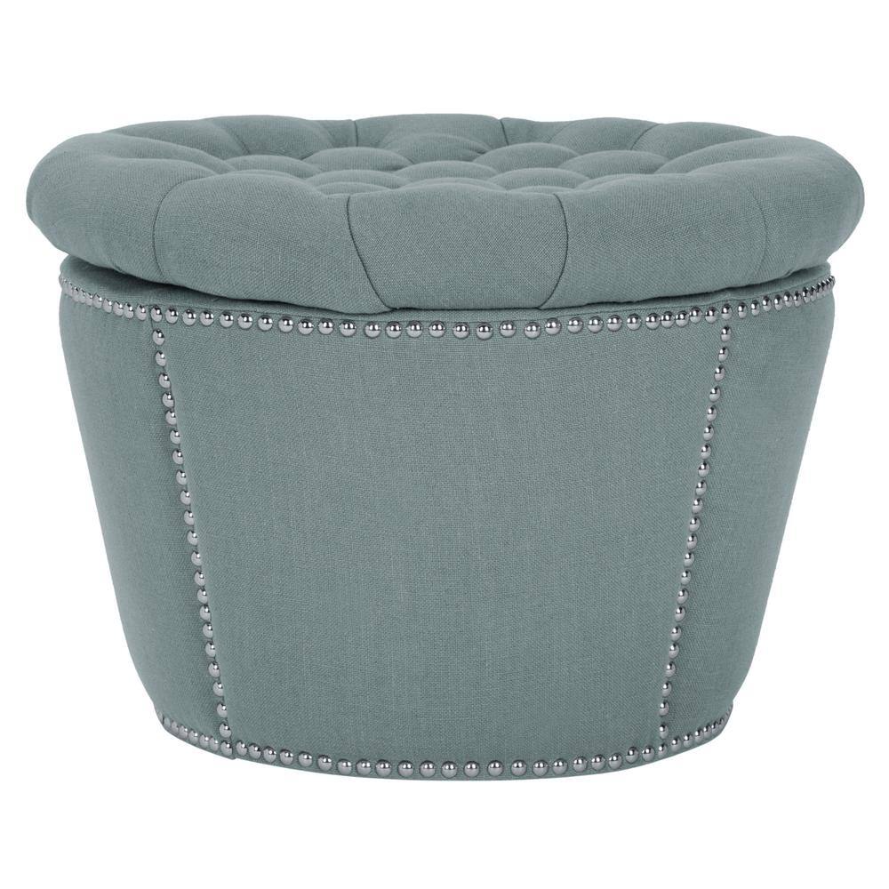 Sky Blue Tufted Round Linen Storage Ottoman