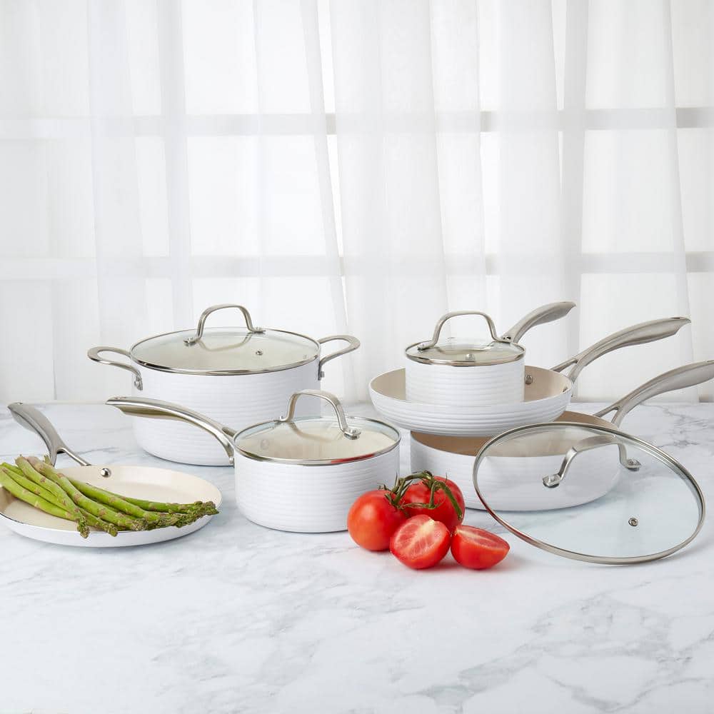 10-Piece White Nonstick Aluminum Cookware Set with Ribbed Design