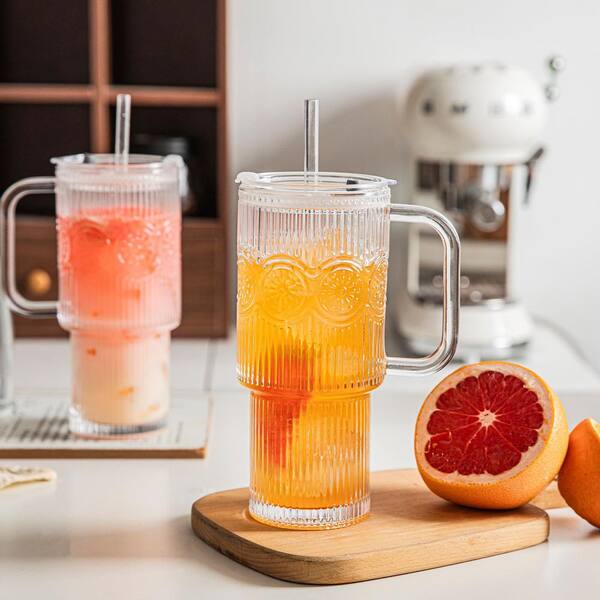 Wudkey 26 oz. Floral Glass Tumblers with Handle and Lid, Reusable Iced Cups with Straw for Water Smoothies Tea Juice (Set of 2)