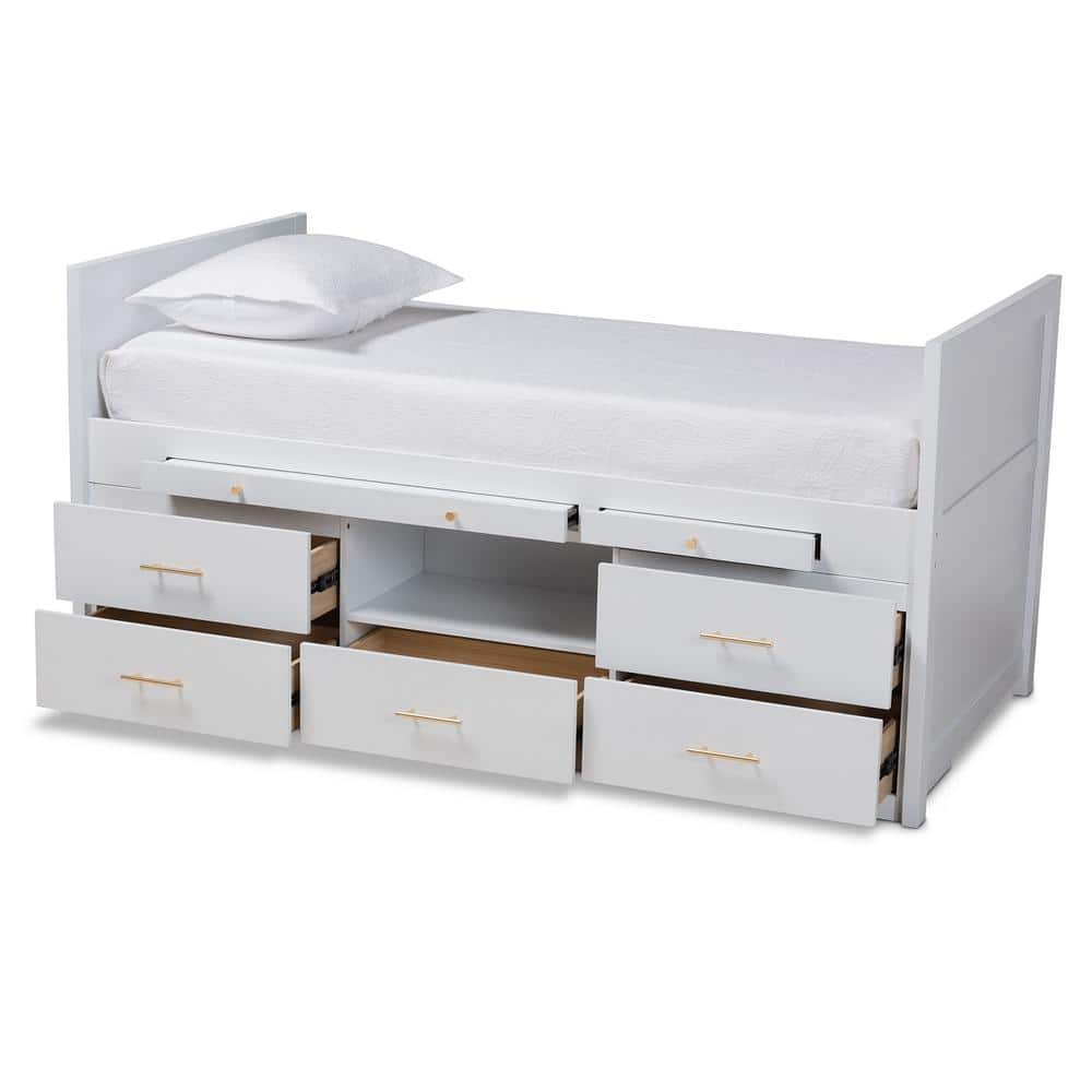White Twin Wood Frame Storage Bed with Pull-Out Desk