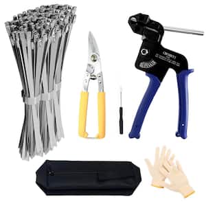 Adjustable Stainless Steel Zip Tie Gun Kit with 100pcs Self-Locking Metal Steel Zip Ties, Blue