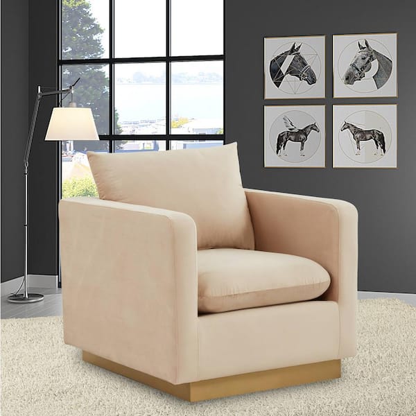 Nervo Modern Gold Frame Beige Velvet Upholstered Accent Arm Chair With Removable cushions