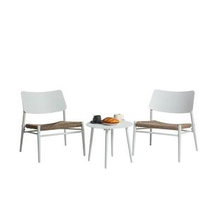 3-Piece White Aluminium Outdoor Bistro Set with Brown Handwoven Seat and Round Table