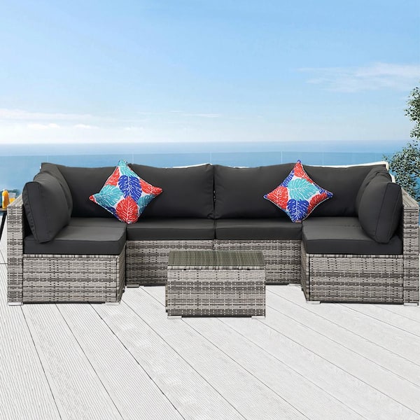 Runesay 7-Piece Wicker Outdoor Sectional Set Patio Conversation Sofa Set with Gray Cushions