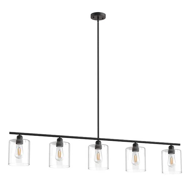5-Light Modern Black Kitchen Island Pendant Light with Clear Glass Shade and 3 Adjustable Rod E26 Base No Bulb Included