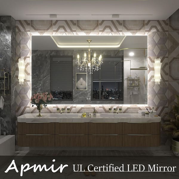 66 in. W x 40 in. H Rectangular Frameless UL Certified LED Backlited Anti-Fog Tempered Glass Wall Bathroom Vanity Mirror