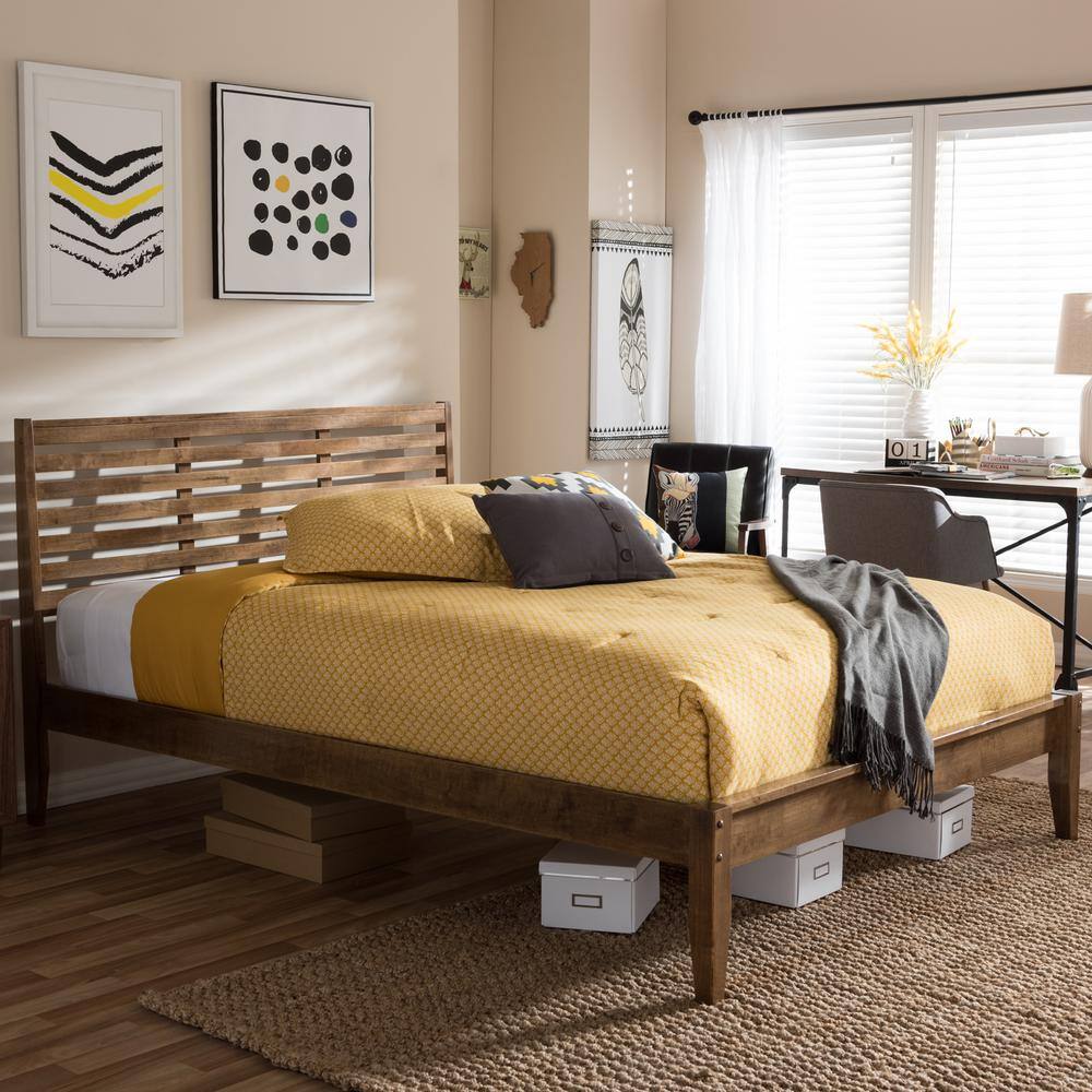 Walnut Queen Mid-Century Modern Slatted Platform Bed