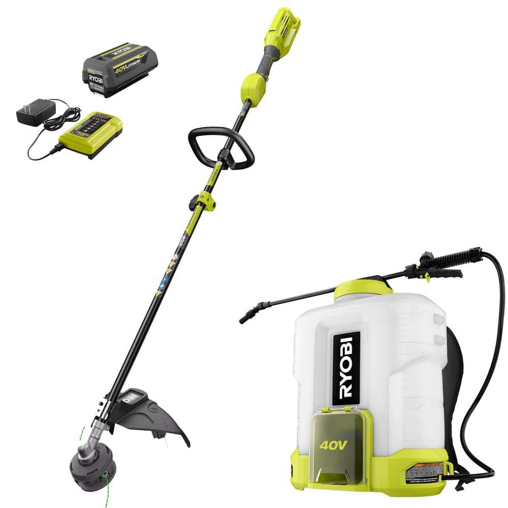 RYOBI 40V Cordless Battery Attachment Capable String Trimmer & 4 Gal. Backpack Chemical Sprayer w/ 4.0 Ah Battery & Charger -  RY40250-SPR