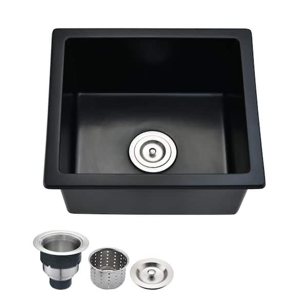 18.11 in x 16.14 in Undermount Single Bowl Black Quartz Kitchen Sink with Basket Strainer