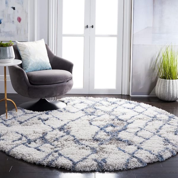 Horizon Shag 3 ft. x 3 ft. Ivory/Blue Abstract Diamond Round Area Rug