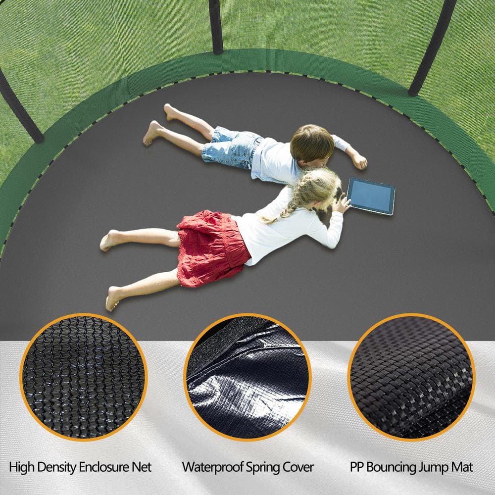 15FT Black and Green Round Trampoline with Enclosure Net and Ladder