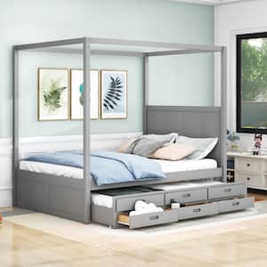 Gray Wood Frame Queen Size Canopy Bed with Twin Size Trundle and 3 Drawers