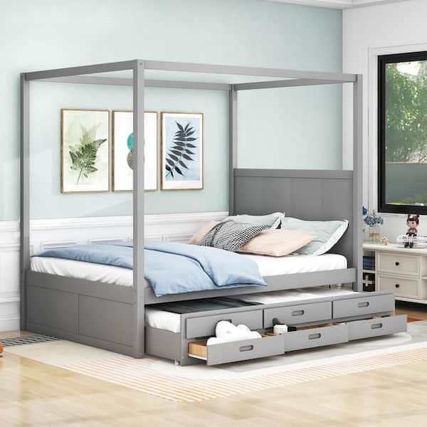 Harper & Bright Designs Gray Wood Frame Queen Size Canopy Bed with Twin Size Trundle and 3 Drawers