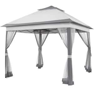 11 ft. x 11 ft. Light Gray 2-Tier Pop-Up Gazebo, Metal Frame with Mesh Netting for Patio and Backyard