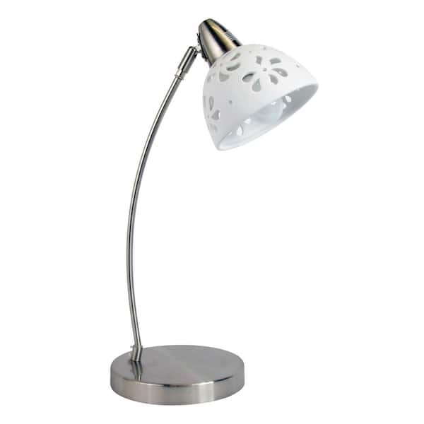 Simple Designs 20.28 in. Brushed Nickel Desk Lamp with White Porcelain Flower Shade