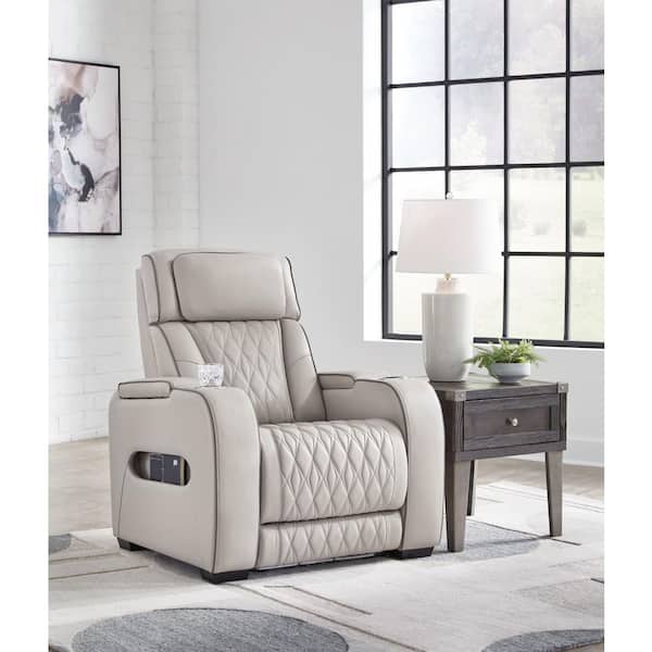 Boyington Beige Leather Match Zero Gravity Power Recliner with Storage and Adjustable Headrest