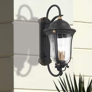 Peale Street 3-Light Sand Coal and Vermeil Gold Hardwired Outdoor Wall Lantern Sconce with Clear Ribbed Glass