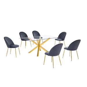 Tom 7-Piece Rectangle Glass Top With Gold Stainless Steel Table Set, 6 Dark Grey Velvet Chair w/Nail Head Trim