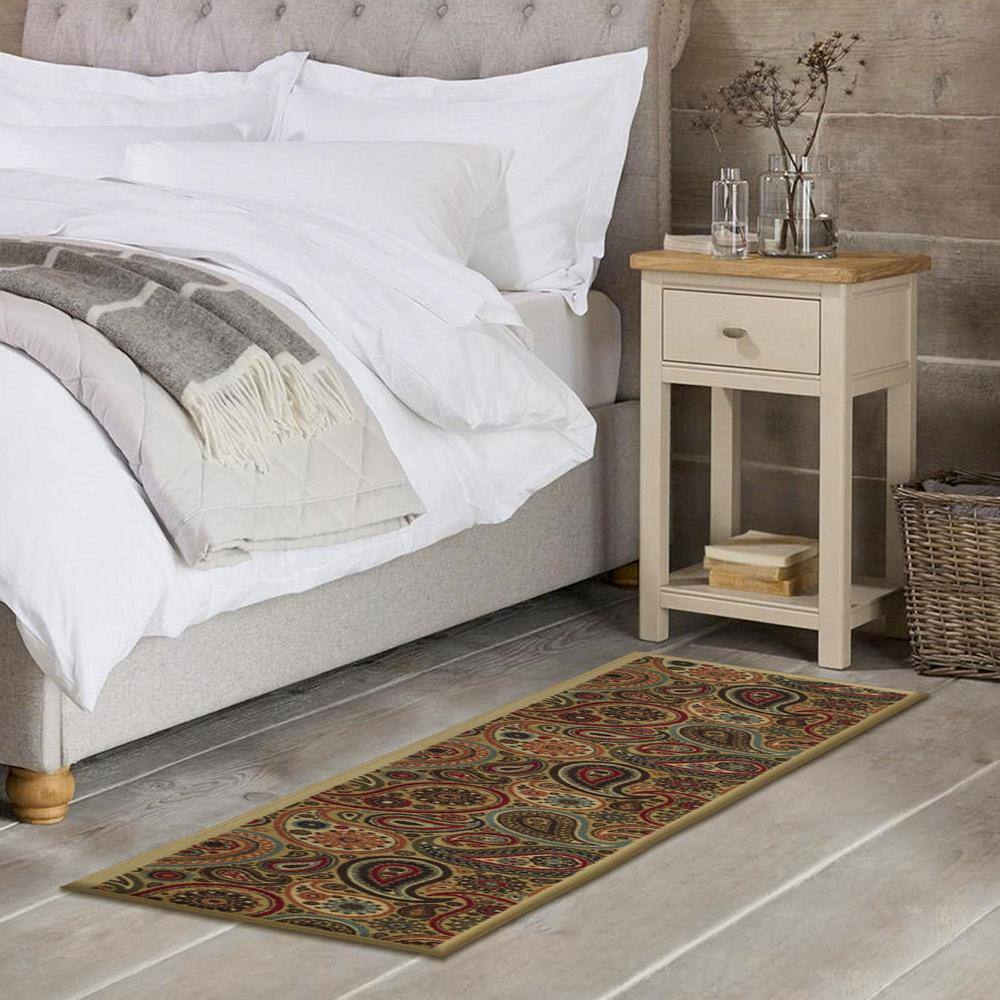 Beige and Red Synthetic Paisley Non-Slip Runner Rug