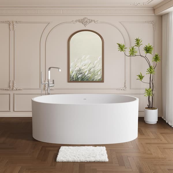 64.96 in. x 34.25 in. Solid Surface Stone Resin Flatbottom Freestanding Soaking Bathtub in Matte White