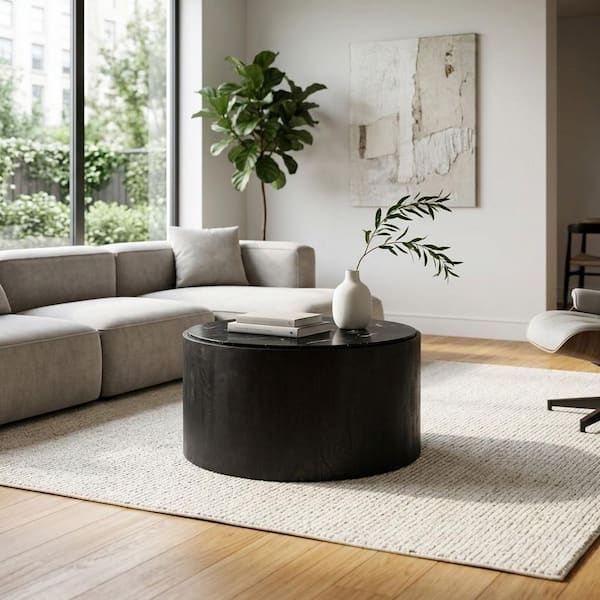 Black 32 in. Round Marble Inlay Top Coffee Table
