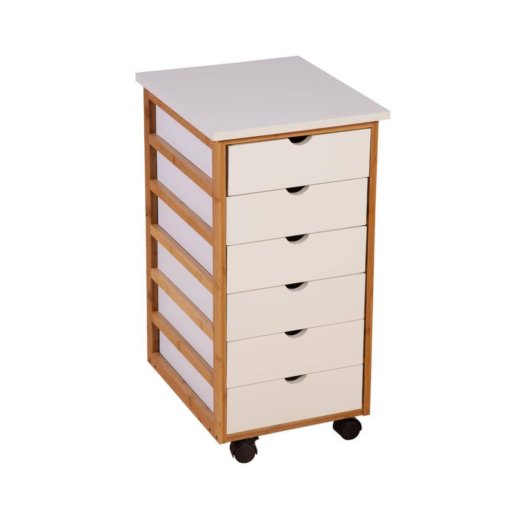Solid Bamboo Frame 6-Drawer Rolling Cart in White
