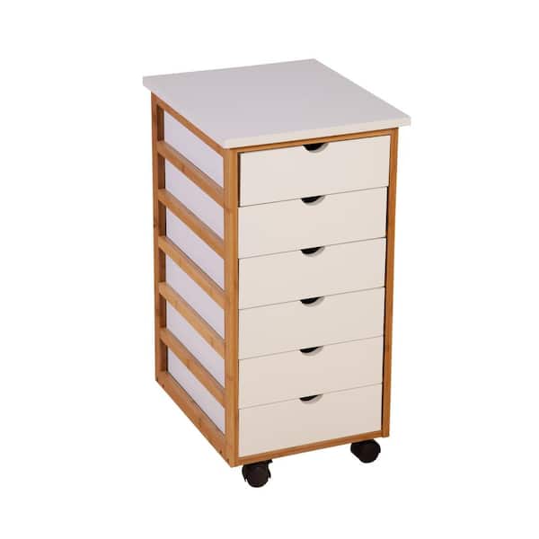Unbranded Solid Bamboo Frame 6-Drawer Rolling Cart in White