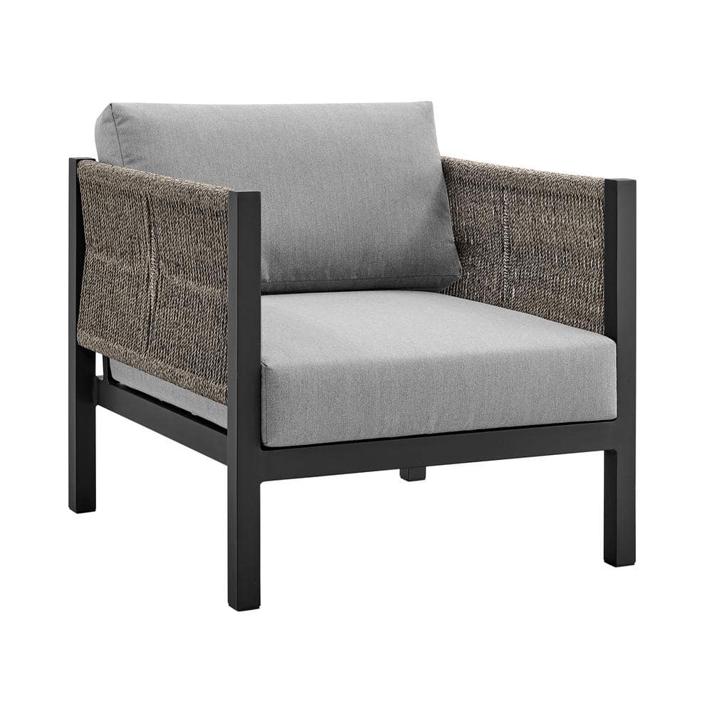 Mareike Black Aluminum and Rope Outdoor Lounge Chair with Gray Cushions