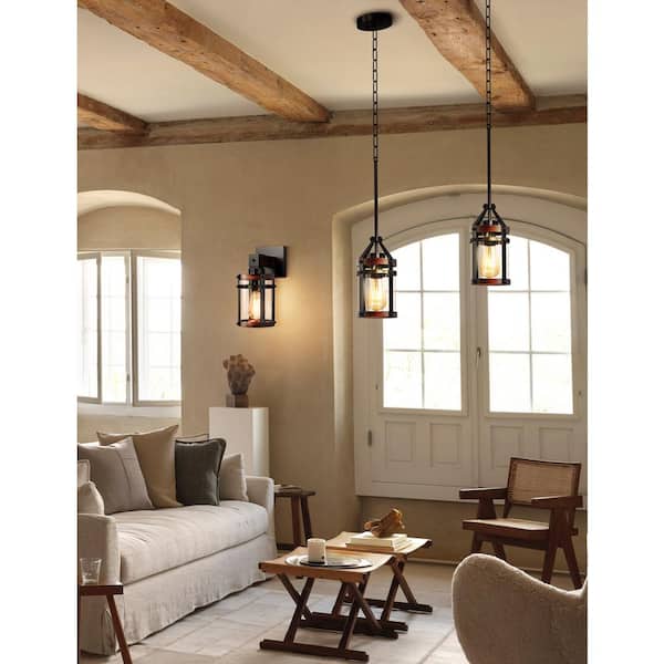 8 in. 1-Light Black Cylinder Wall Sconce with Wood Grain Glass Farmhouse Industrial Light for Foyer Hallway Yards Garden