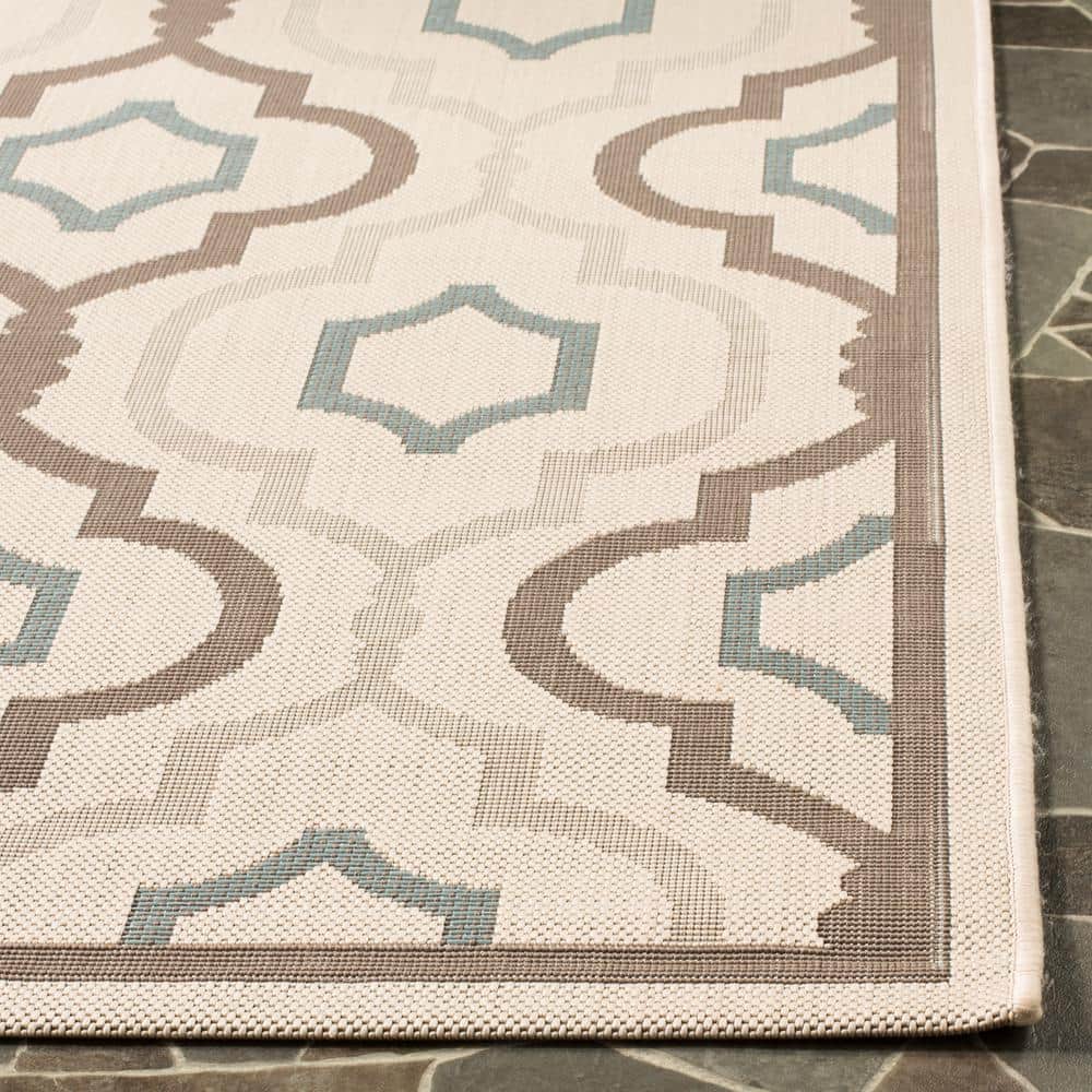 Beige and Aqua Geometric Pattern Outdoor Runner Rug