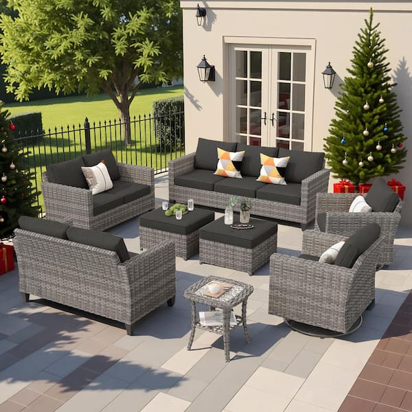OVIOS New Star Gray 8-Piece Wicker Patio Conversation Seating Set with Black Cushions and Swivel Chairs