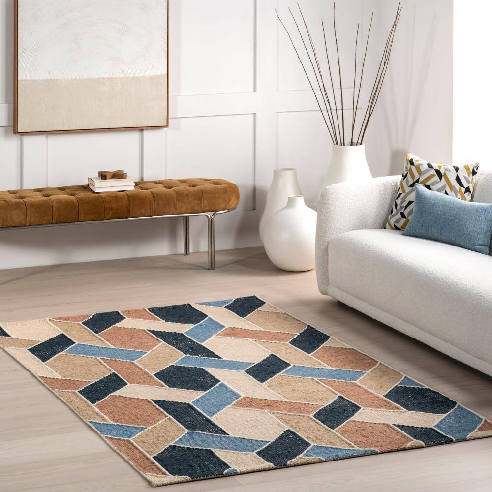 Rhea Blue and Beige Wool Cotton 5' x 8' Geometric Area Rug