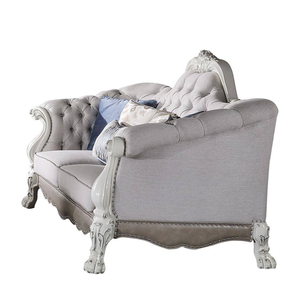 Bone White Faux Leather Tufted Sofa with Ottoman
