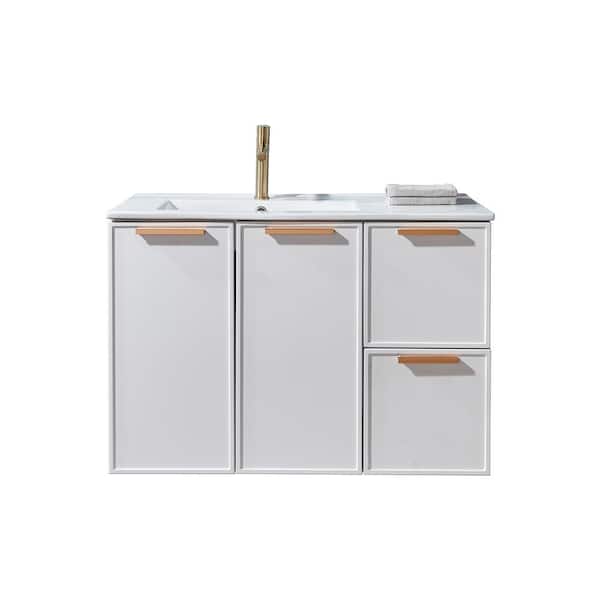 VAPSINT 36 in. W x 18 in. D x24 in. H 2 Doors and 2 Drawers Floating Bath Vanity in White with White Ceramic Sink