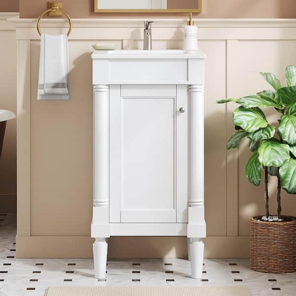 18 in. Single Sink Freestanding White Bath Vanity with White Ceramic Top, Adjustable Shelf
