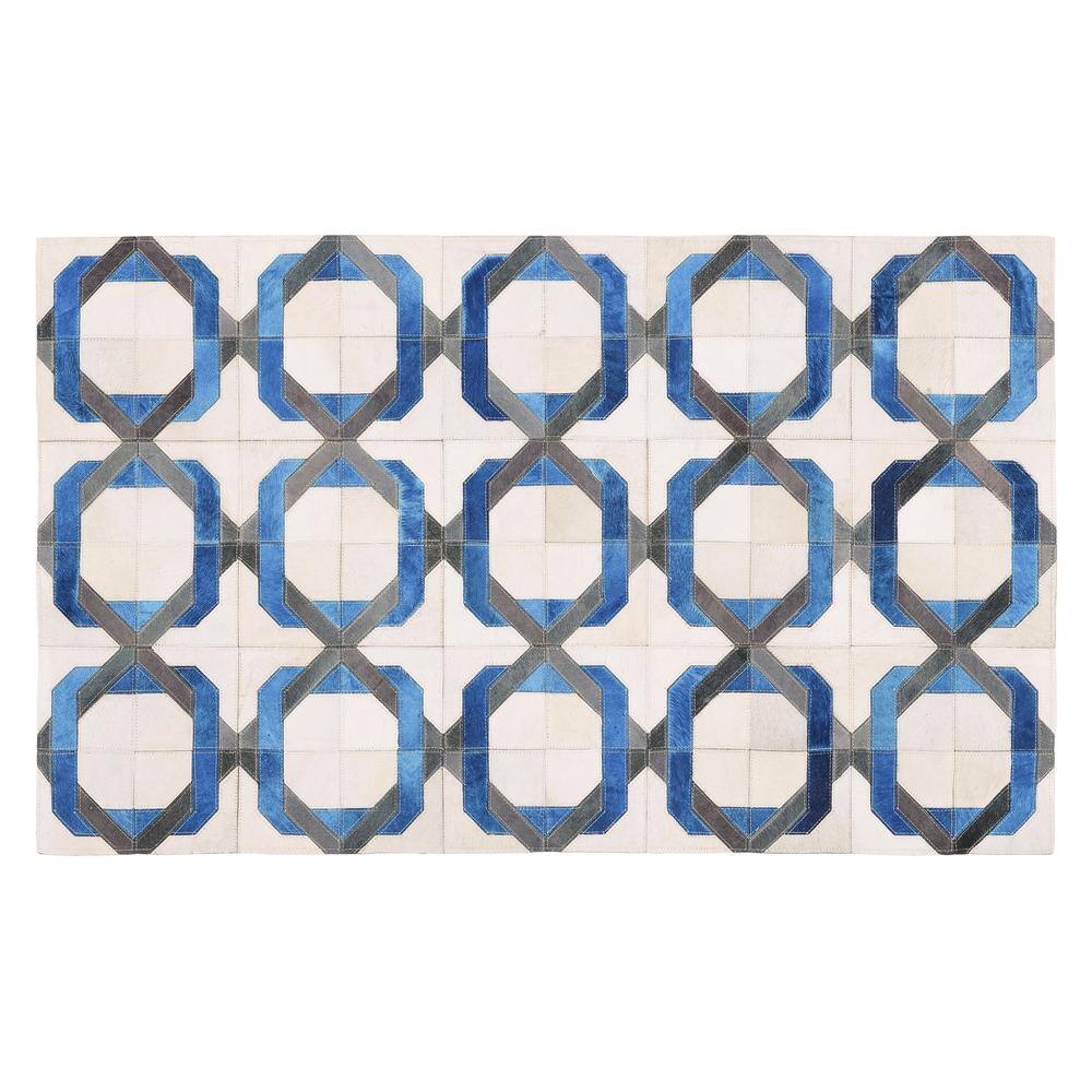 Ivory Geometric Hand-Stitched Cowhide 3' x 5' Area Rug