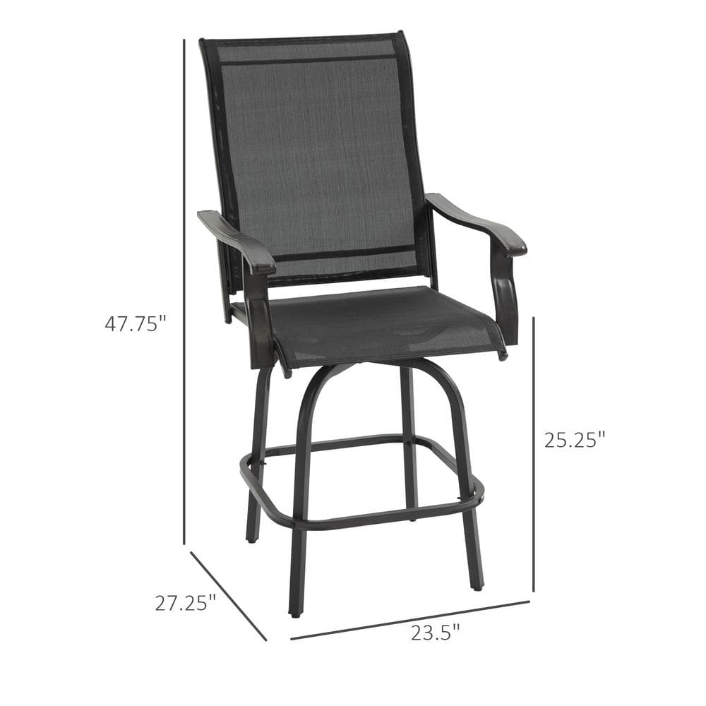 Café-Style Swivel Patio Bar Chair Set in Black Sling Fabric