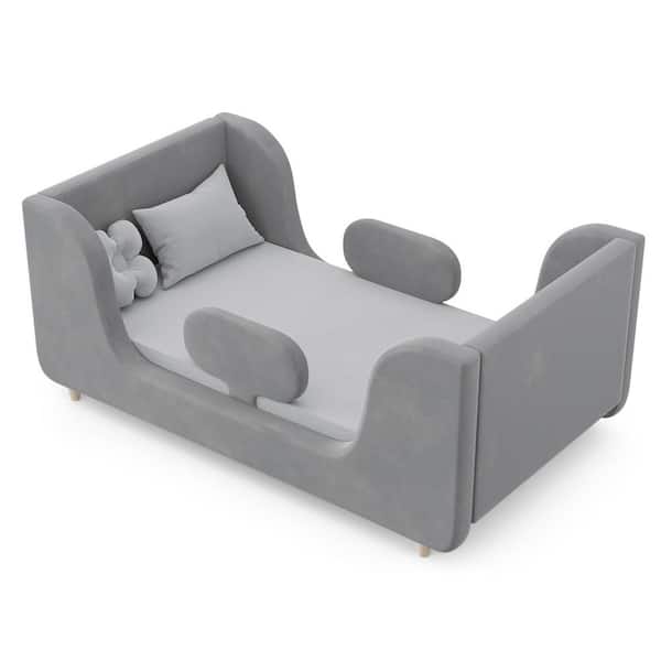 BOZTIY Toddler Floor Bed with Removable Safety Rails Kids Bed Standard Crib Size Toddler Upholstered Bed, Gray