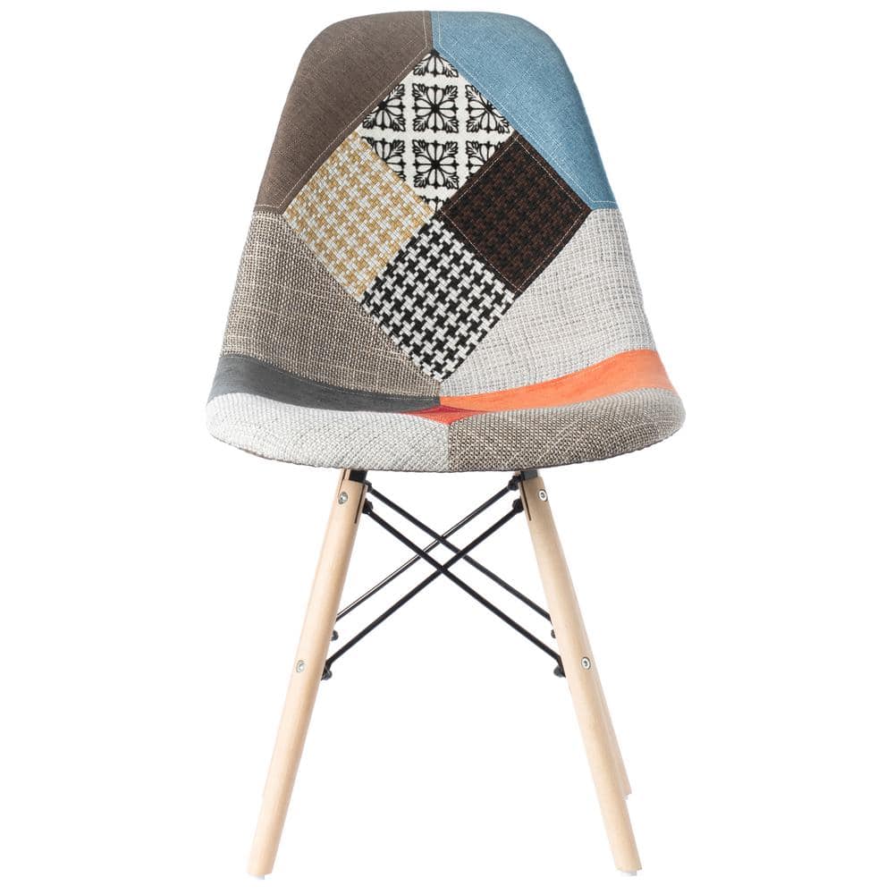 Multicolor Patchwork Upholstered Side Chair with Wooden Legs