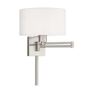 Atwood 1-Light Brushed Nickel Plug-In/Hardwired Swing Arm Wall Lamp with Off-White Fabric Shade
