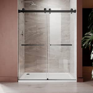 UKD01 56 to 60 in. W x 76 in. H Double Sliding Frameless Shower Door in Matte Black, EnduroShield 3/8 in. Clear Glass