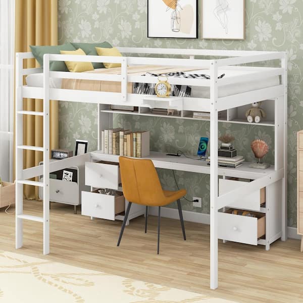 Twin Size Loft Bed with Built-in Desk, Storage Shelves and Drawers, White - ModernLuxe