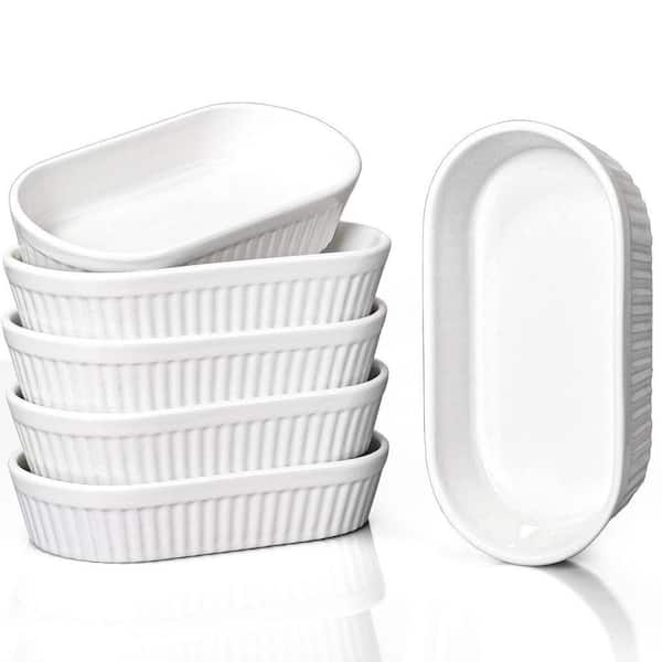 6-Piece Oval Ceramic Ramekins Set with Oven Safe White Souffle Dishes for Creme Brulee and Desserts