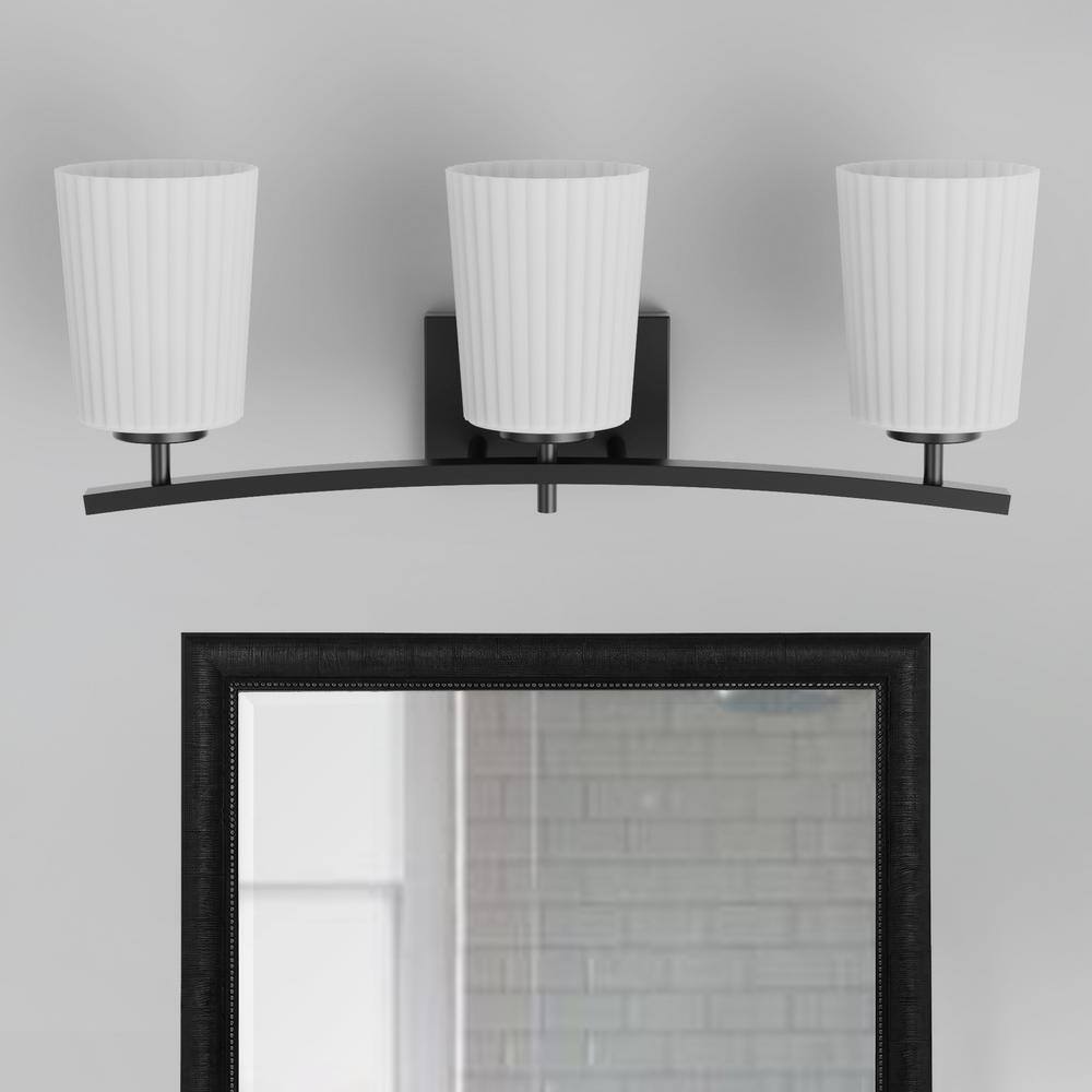 YANSUN 24 in. 3Light Black Vanity Light with Cone White Glass Shades